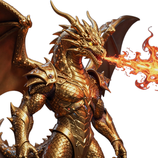 Dragonia Casino Maskottchen - goldener Drache mit Feuerspucken, Symbol des Online-Casinos